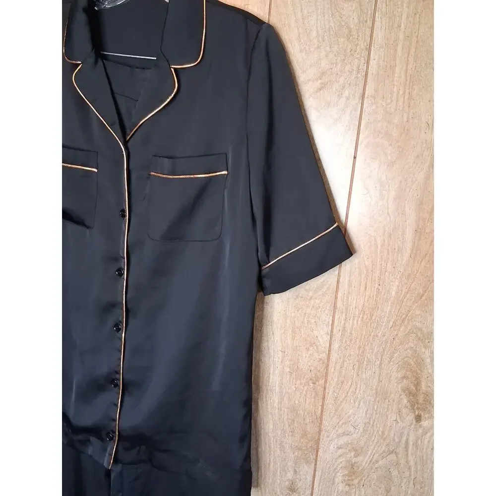 Stella McCartney 100% Silk Black 2 Piece Pajama Set Gold Piping Size Large